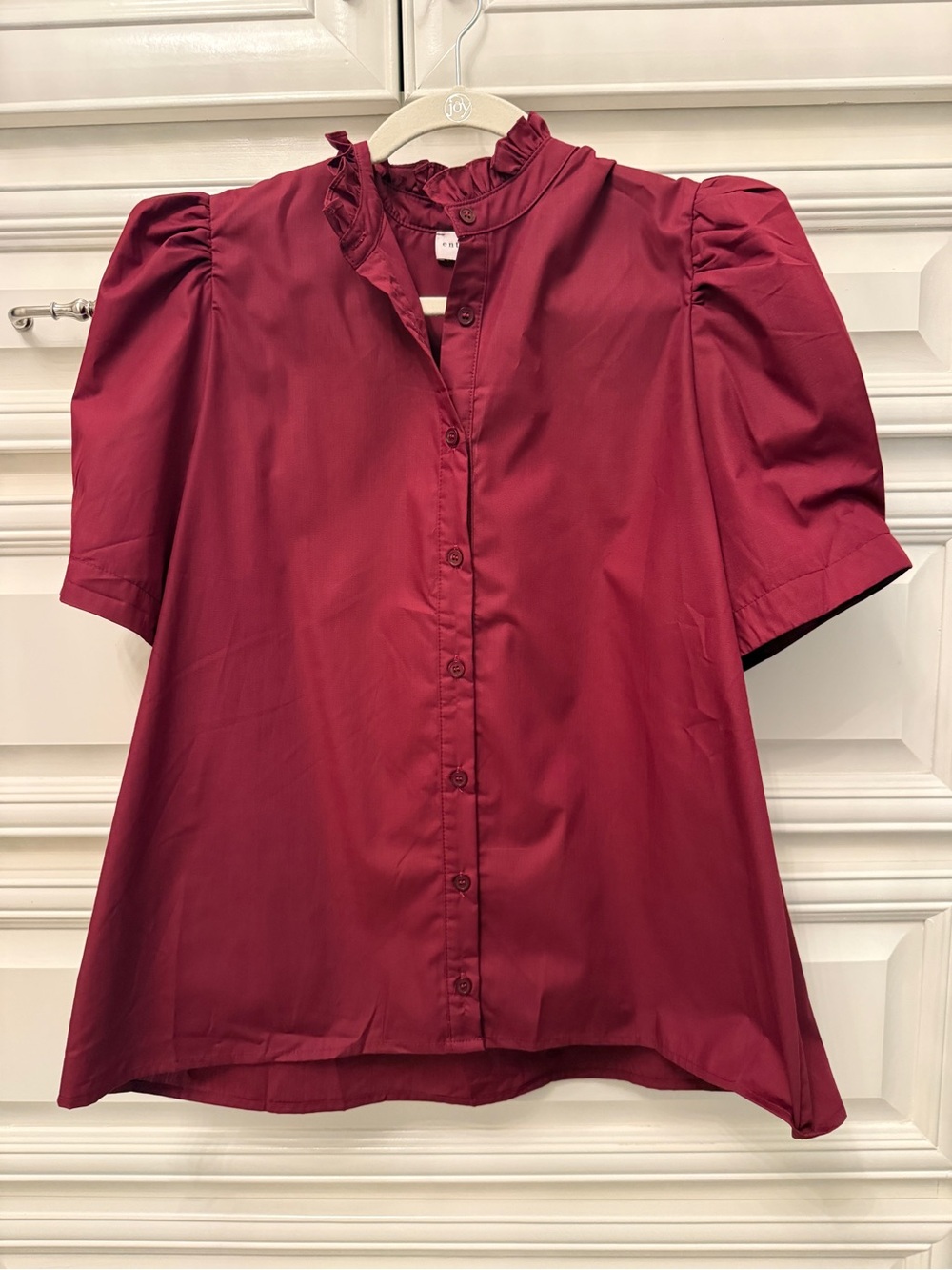 entro Burgundy Ruffle Neck Button-Front Blouse